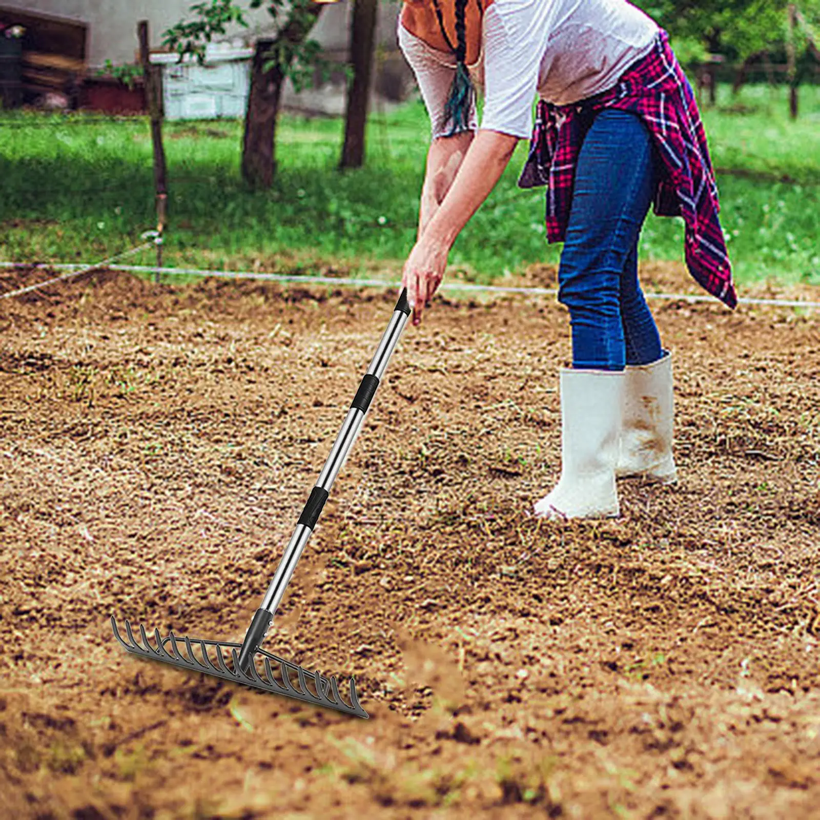 

Garden Leaf Rake Lawns Rake Adjustable Handle Agriculture Stainless Steel Planting Grass Clippings Grass Rake Thatching Rake