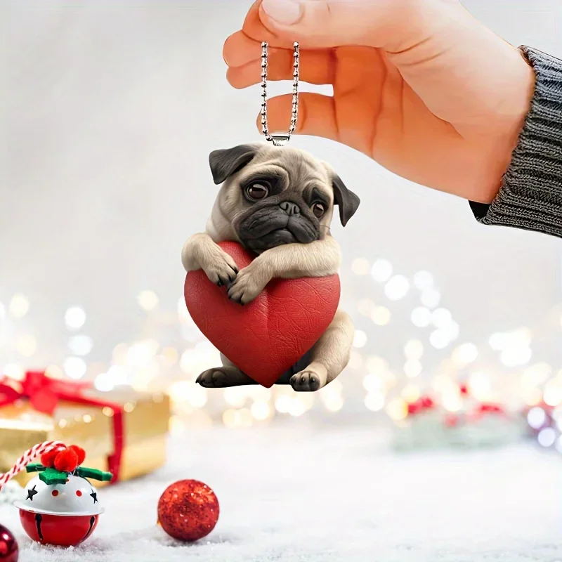 Adorable Pug Dog with Heart Keychain Cute Puppy Acrylic Pendant Versatile Charm for Car Mirror,Backpacks,Home,Festive,Gift&Decor