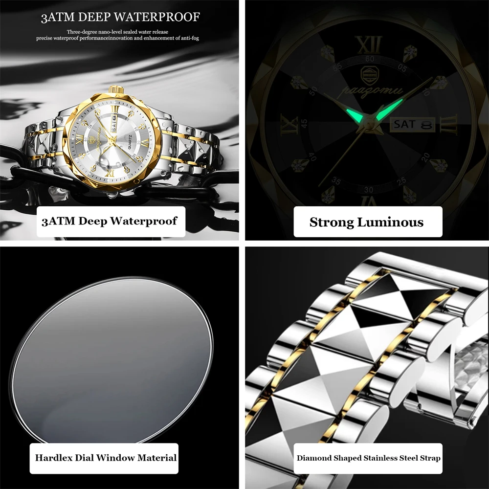 POEDAGAR Top Brand Luxury Man Wristwatch Waterproof Luminous Date Week Men Watches Stainless Steel Quartz Men\'s Watch Male reloj