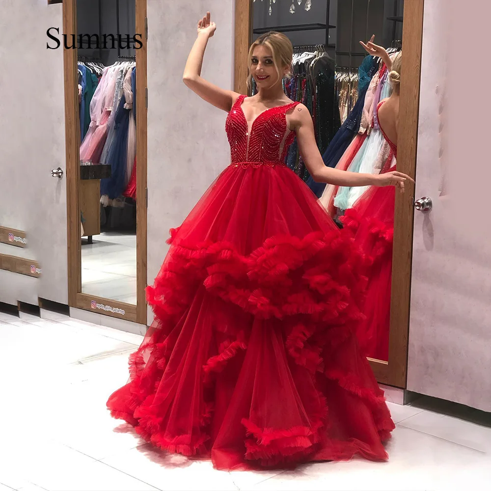 Sumnus-Vestido largo de tul para baile de graduación, traje rojo con cuentas escalonadas, Espalda descubierta, 2023