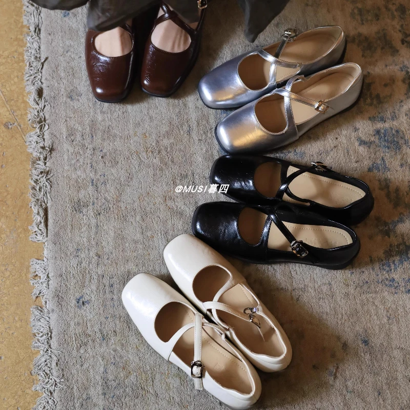 

Sheepskin Version Spring and Summer New Square Head Ballet Shoes Super Soft Small Leather Shoes Sports Mary Jane Silver Shoes