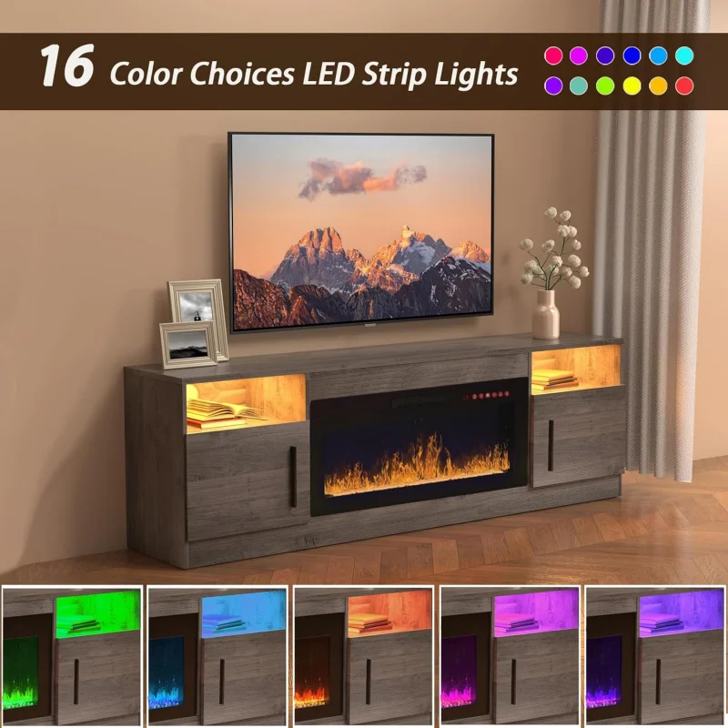 Modern 70 Inch TV Stand with Electric Fireplace and LED Lights