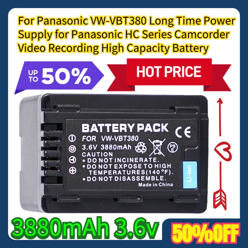 

For Panasonic VW-VBT380 Long Time Power Supply for Panasonic HC Series Camcorder Video Recording 3880mAh High Capacity Battery