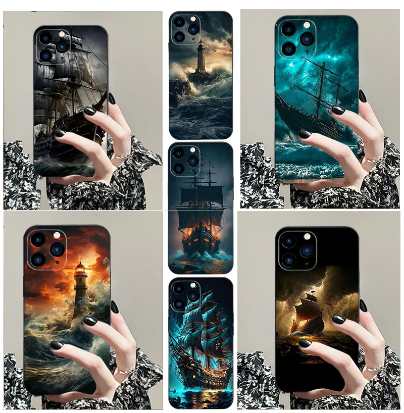

Boy for iphone 6 7 G 8 plus 2020 se 11 12 13 14 15 16 PRO X XS MAX XR Black soft phone case tpu Sailing boats on the sea
