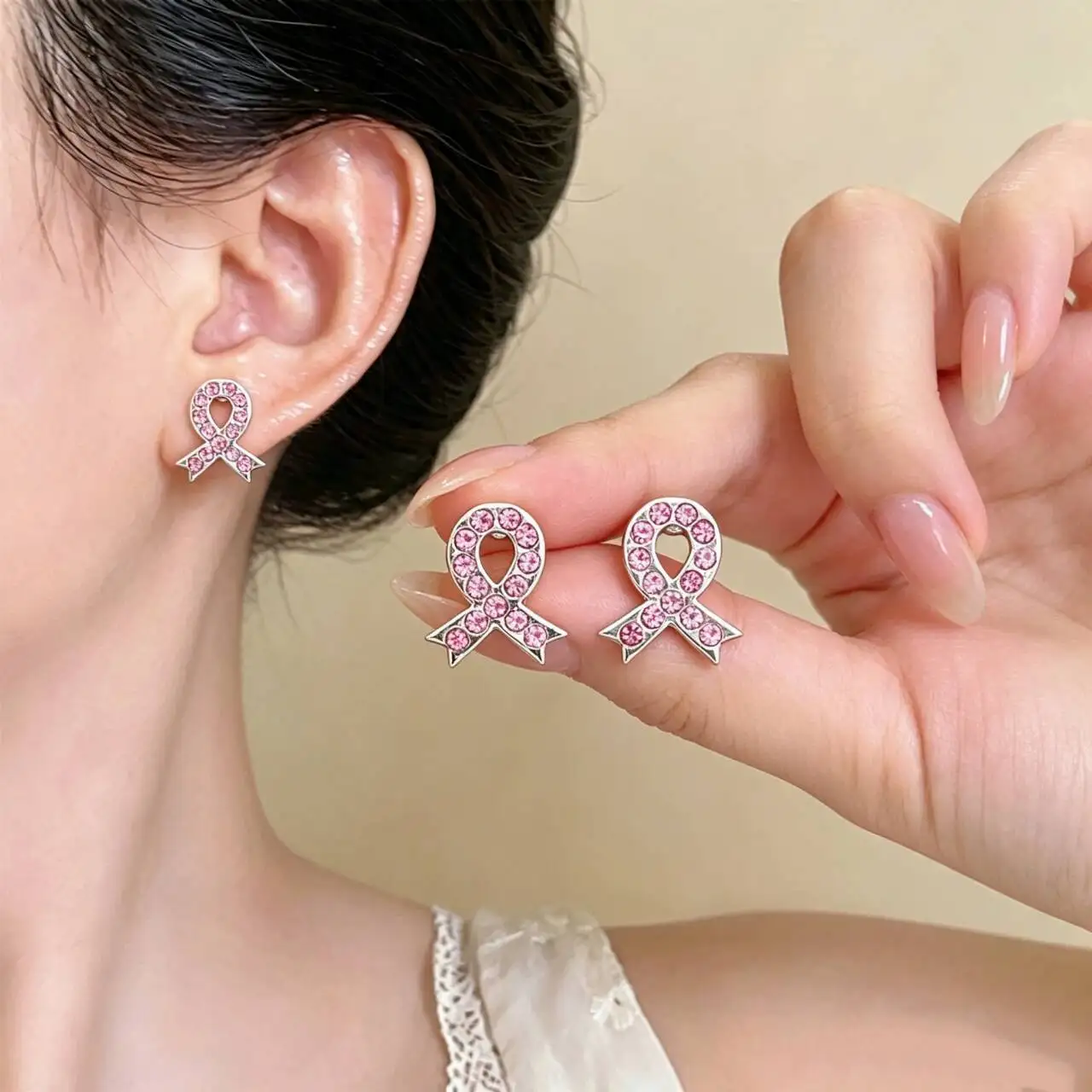 Classic Ribbon Earrings Love Care HIV AIDS Pink Ribbon Against Breast Cancer Earrings Fashion Rhinestone Dripping Oil Bow Stud
