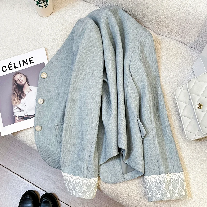 الخامس الرقبة الأزرق الدانتيل الأصفاد عطر صغير دعوى سترة المرأة الربيع والخريف الأزياء الأساسية أنيقة الفرنسية مكتب سيدة سترة