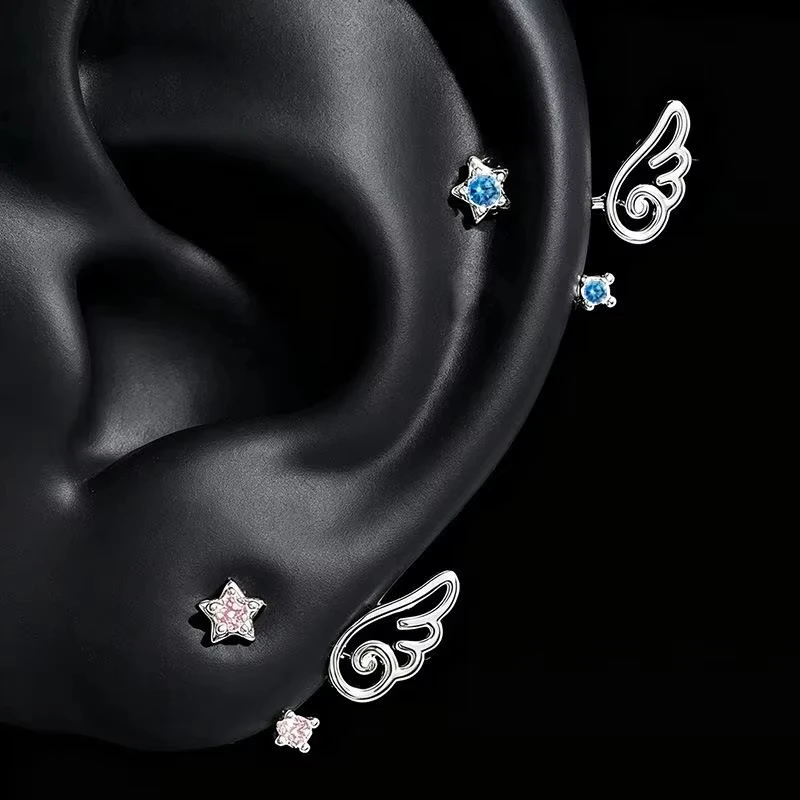 1pair Silver Angel Wing Ear Cuffs Inlaid Shiny Blue Rhinestone Stars Non Piercing Earrings Sets for Daily Party Cosplay Outfit