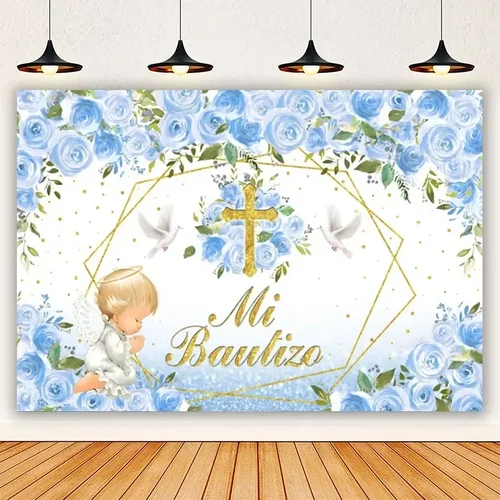 Imagen 2 del producto Fondo de mi primera comunión para niña, niño, Baby Shower, decoración de fiesta de cumpleaños, bautismo, cruz dorada, Dios bendiga, fondo de fotografía