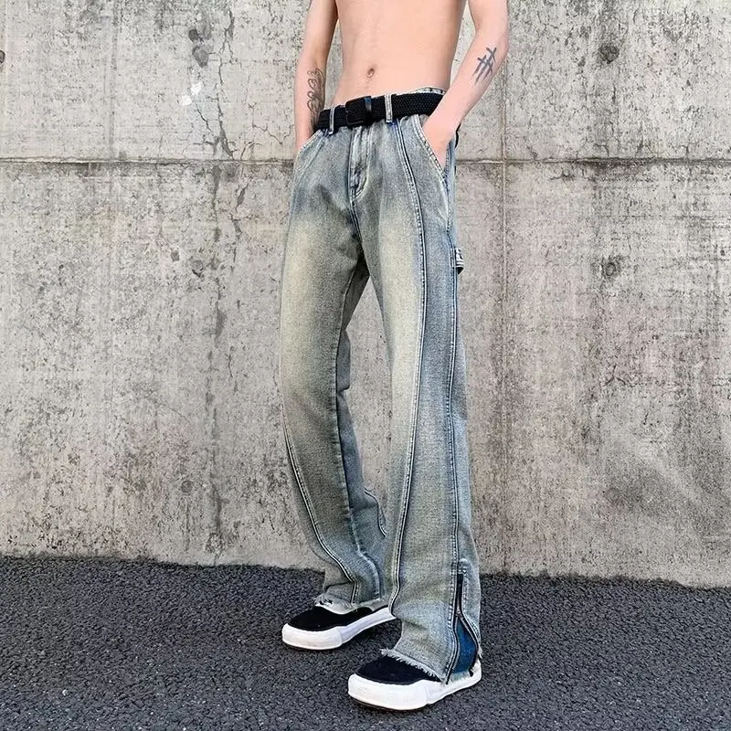 Y2k American Vintage Pants High Street Wash Jeans Men's High-End Sense Niche Design Micro-Horn Slim Straight Leg Pants Trend