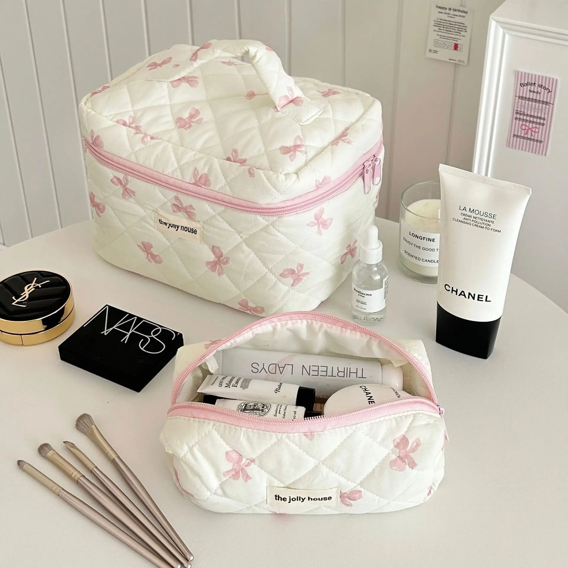 Bolsa de maquillaje con estampado de lazo para mujer, gran capacidad, estuche de cosméticos portátil para artículos de tocador de viaje, bolsa de