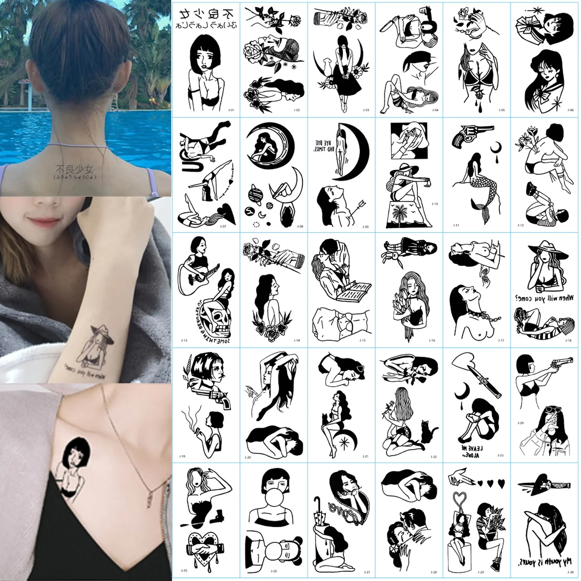 60pcs/set Dark Girls Waterproof Tattoos Adhesive for Adult  Couple Arm Hand Cool Sexy Fake Tattoo faux tatouage pour femme