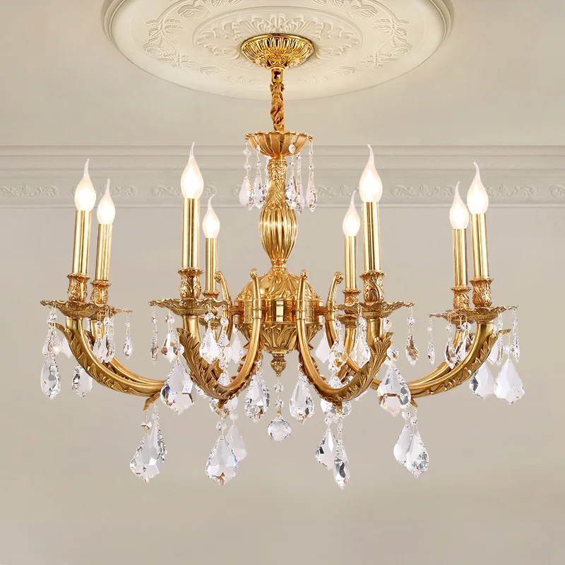 

French Luxury Decorative Brass Crystal Chandelier Villa Hotel Living Dinning Room Golden Copper Candle Pendant Light