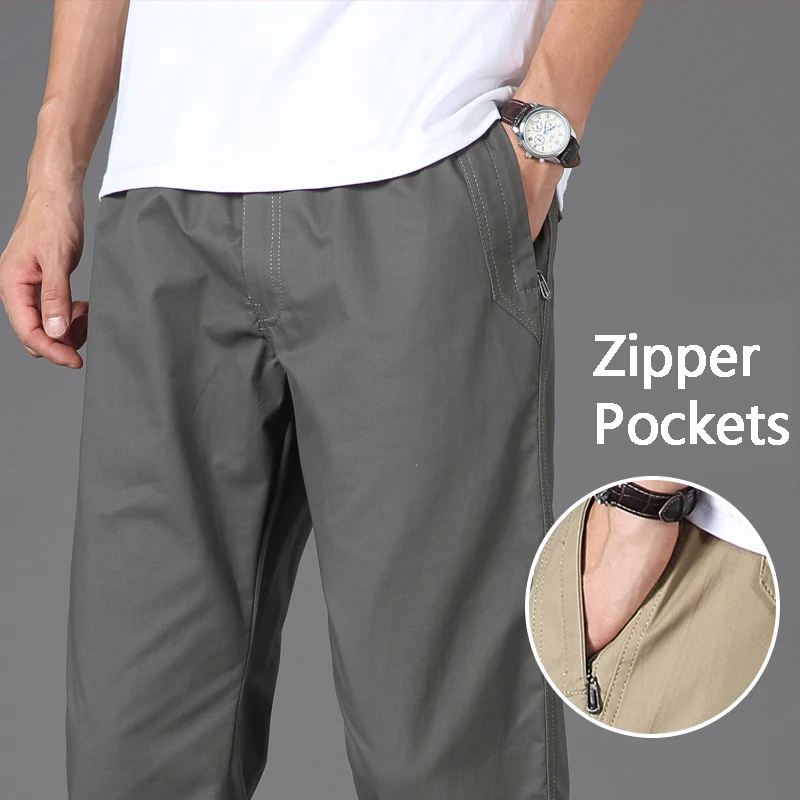 Mens Casual Pants With Zipper Pockets Cotton High Quality 2023 Summer Autumn Stretchable Waist Sports Work Utility Trousers