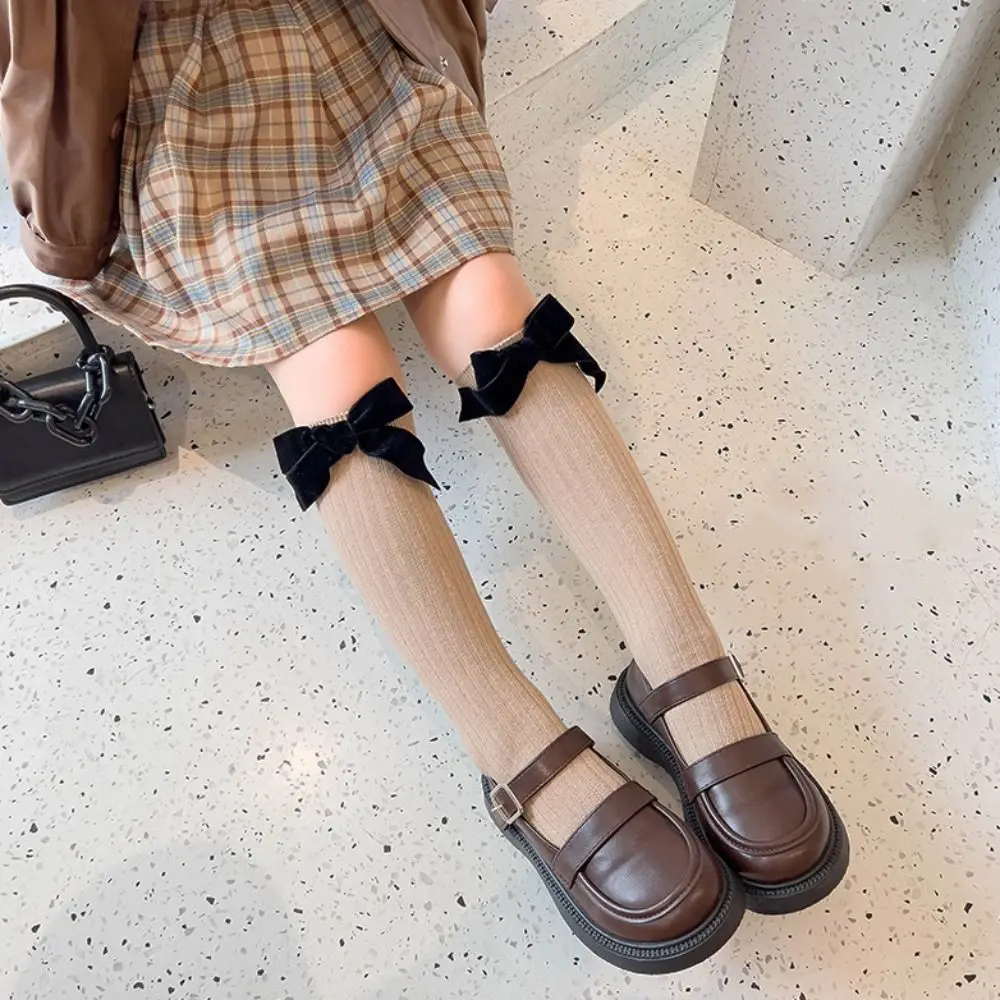 Cute Cotton Blend Knee High Socks Knit Texture Bowknot Princess Socks Stretchable Soft Fabric Ribbed Knit Socks For Party