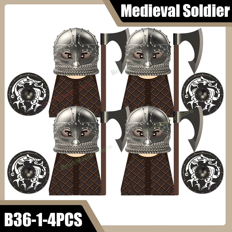 Mittelalterliche Militär-Wikinger-Krieger-Soldaten-Figuren Bausteine Burg Armee Rauber Infanterie Schild Axt Schwert Helm Ziegel Spielzeug