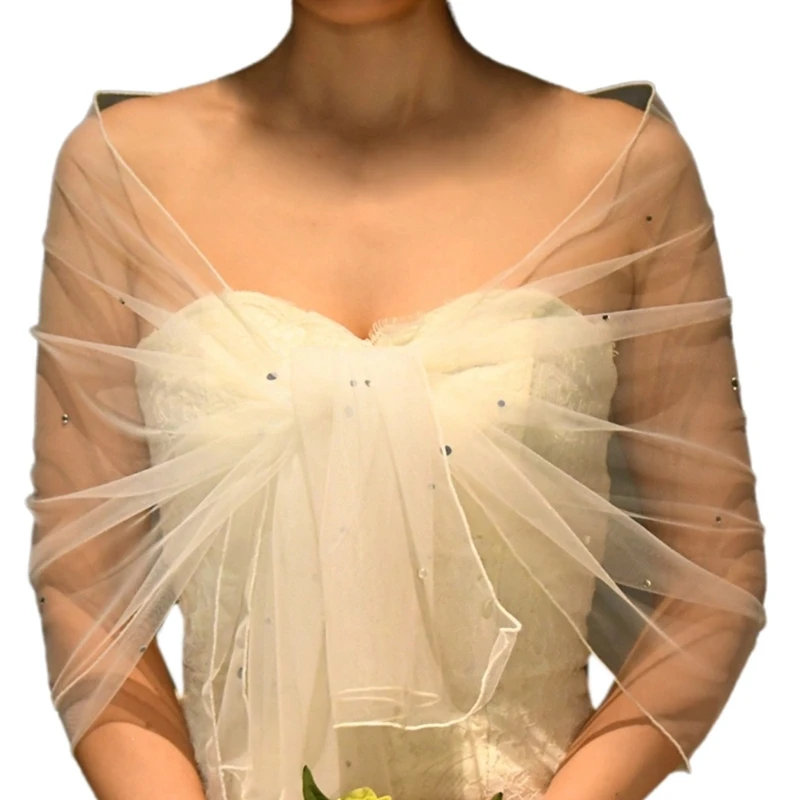 Elegant Bridal Shawl for Wedding Dress Overlay Tulle for Wedding Bride Studded Rhinestones Sheer Wrap