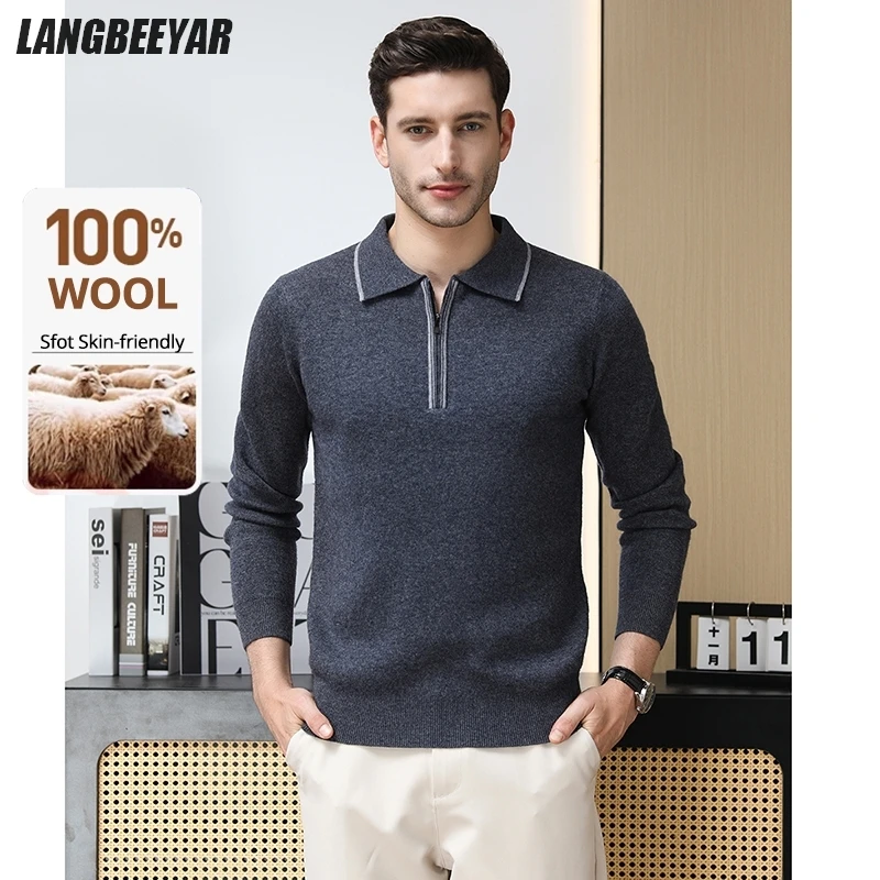 

High End 100% Wool Fashion Brand Half Zip Lapel Knit Pullover Sweater Mens Jumper Casual Designer Clothing Office Essential