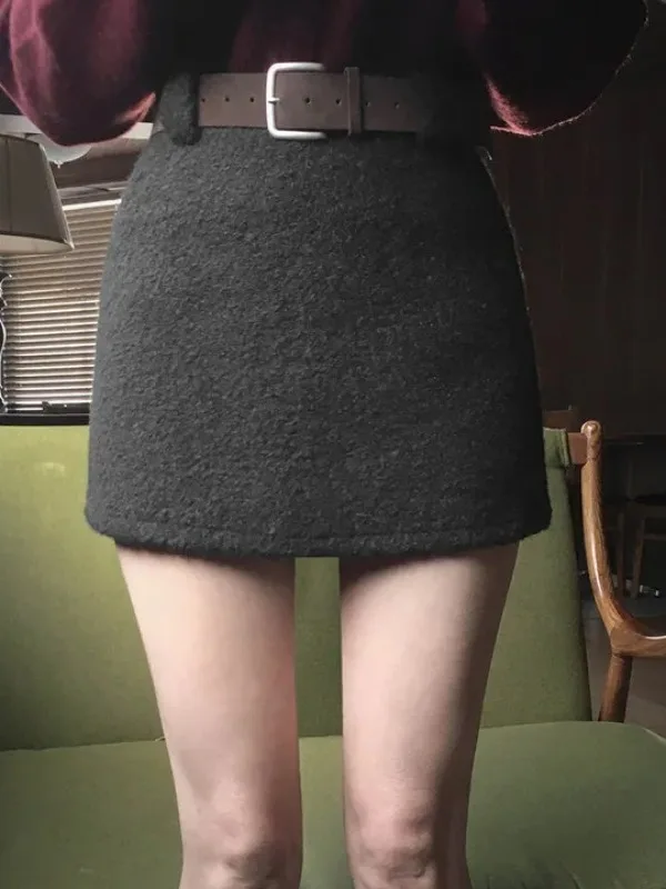 Jupe Chic en laine taille haute pour femme, jupe trapèze, amincissante, vêtements décontractés coréens, automne hiver
