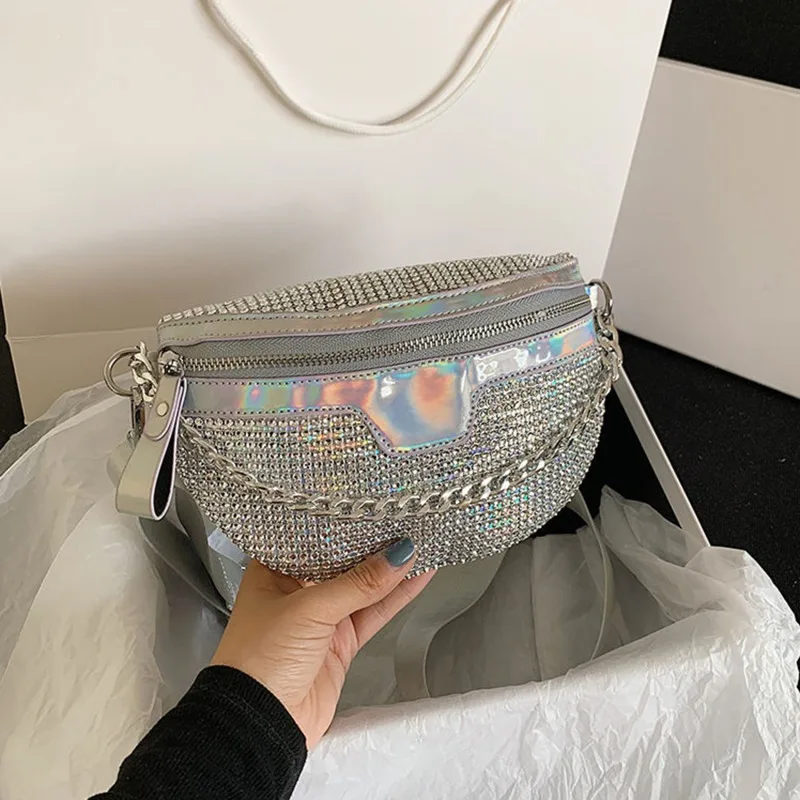 Women\'s Chest Pack Fashion Punk Bag Glitter Fanny Pack Travel Crossbody Chest Bag Phone Pouch Hip Belt Bag Rhinestone Waist Bag