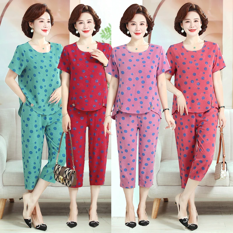 

Summer Clothes new Pants Sets for Women round dot 2 Pieces Casual Elegant Loose Elastic Waist Capri pants Sets