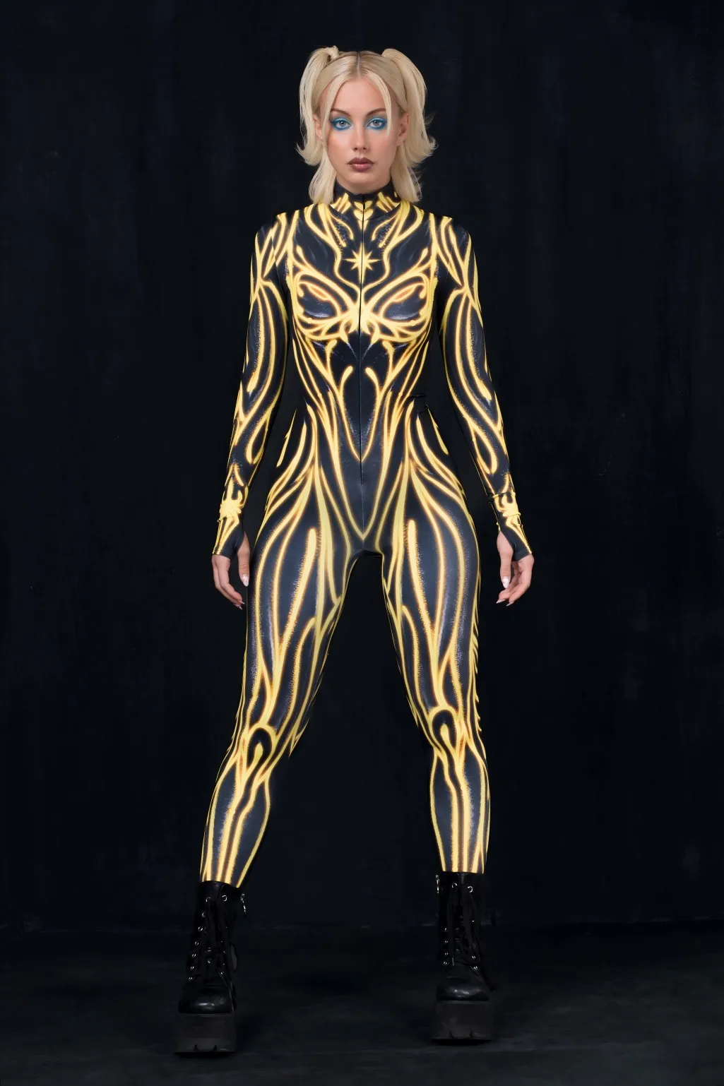 Damen Punk-Print Jumpsuit mit Unregelmäßigen Linien für Erwachsene, Cosplay-Bodysuit für Halloween, Karneval, Party, Auftritt, Radsport, Catsuit, Romper – Detail 8