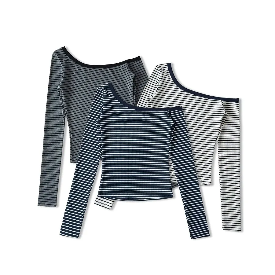 Autumn O-neck Silm Fashion T-shirt Women Stripes T Shirt Office Ladies Long Sleeve Top Casual Broad-shouldered Tees Y2k Clothes