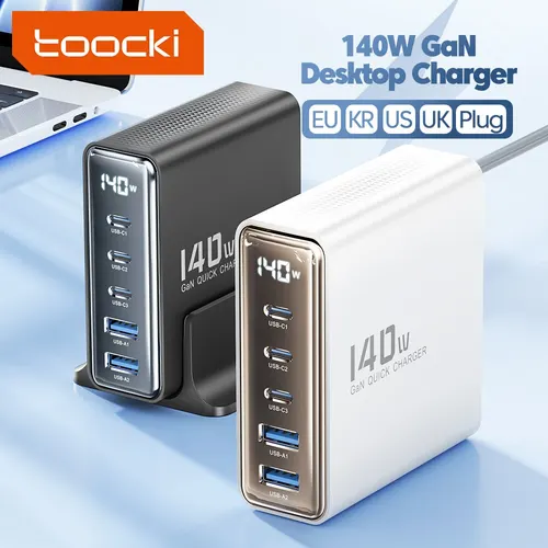 Toocki 데스크탑 고속 충전 USB C 타입 충전기, 아이폰 샤오미 스마트폰 노트북용 LED 디스플레이 충전기, 140W GaN, 5in 1 