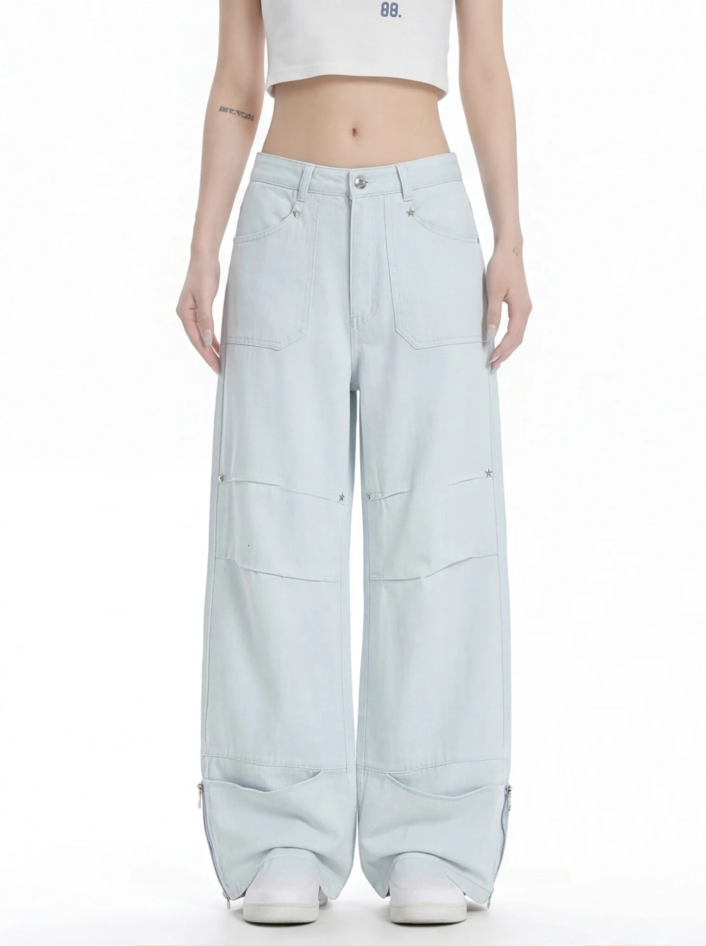 

American High Street Pleated Light Colored Wide Leg Jeans Women Casual Versatile Loose Slimming Design Straight Pants Trendy