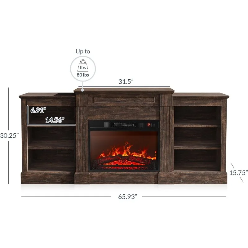 BELLEZE Modern 66" Electric Fireplace Heater Mantel TV Stand Media Entertainment Center TVs up to 66" Energy-Efficient Heater