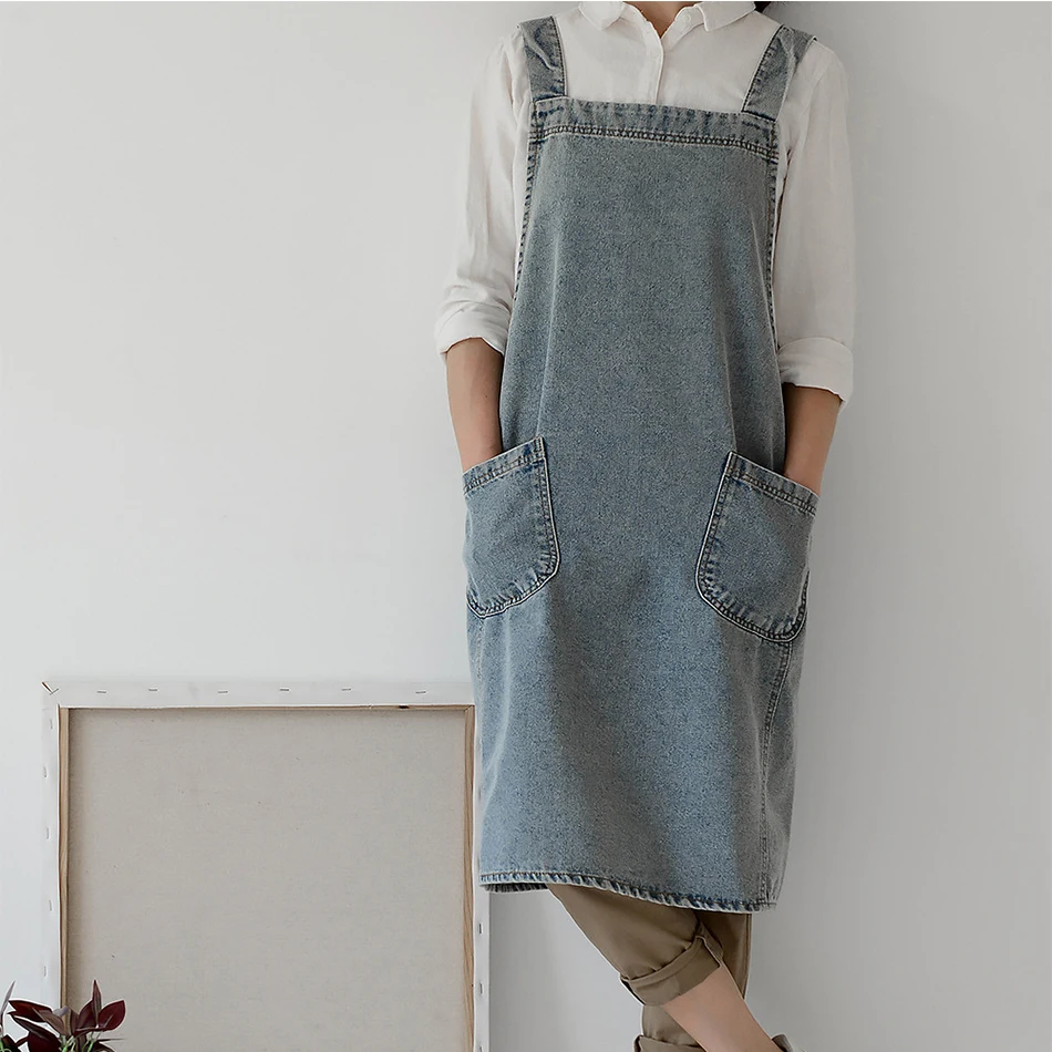 Cotton Denim Multi Pocket Denim Apron for Chef Kitchen BBQ and Studio Gardening Coffee Shop Cooking Baking Painting