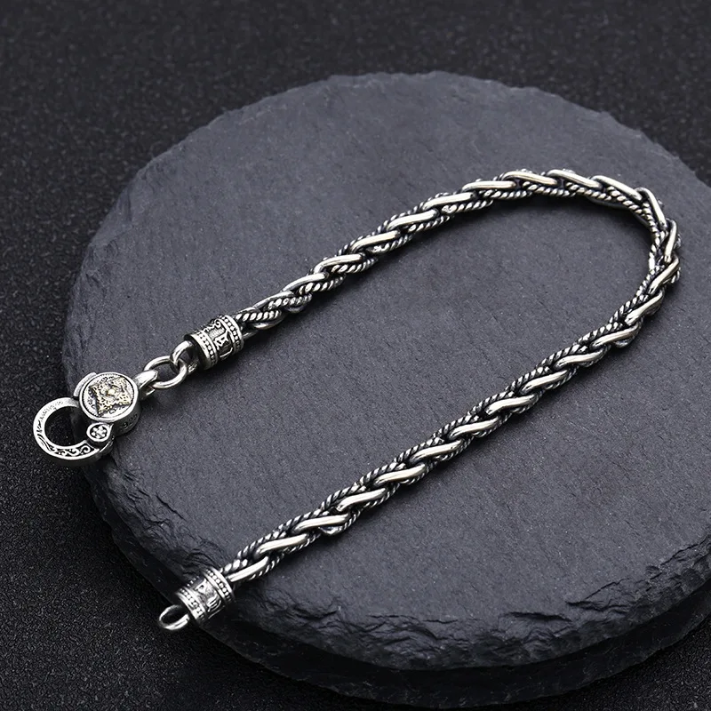 925 Sterling Hand-Woven Hemp Rope Bracelet, Thick Style, Men'S Thai Silver Vintage Jewelry