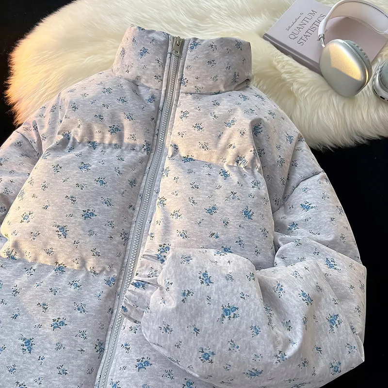 Floral Print Cotton Bread Style Jacket Women's Winter Short Loose Thickened Stand Collar Coat Korean Style Warm Outerwear