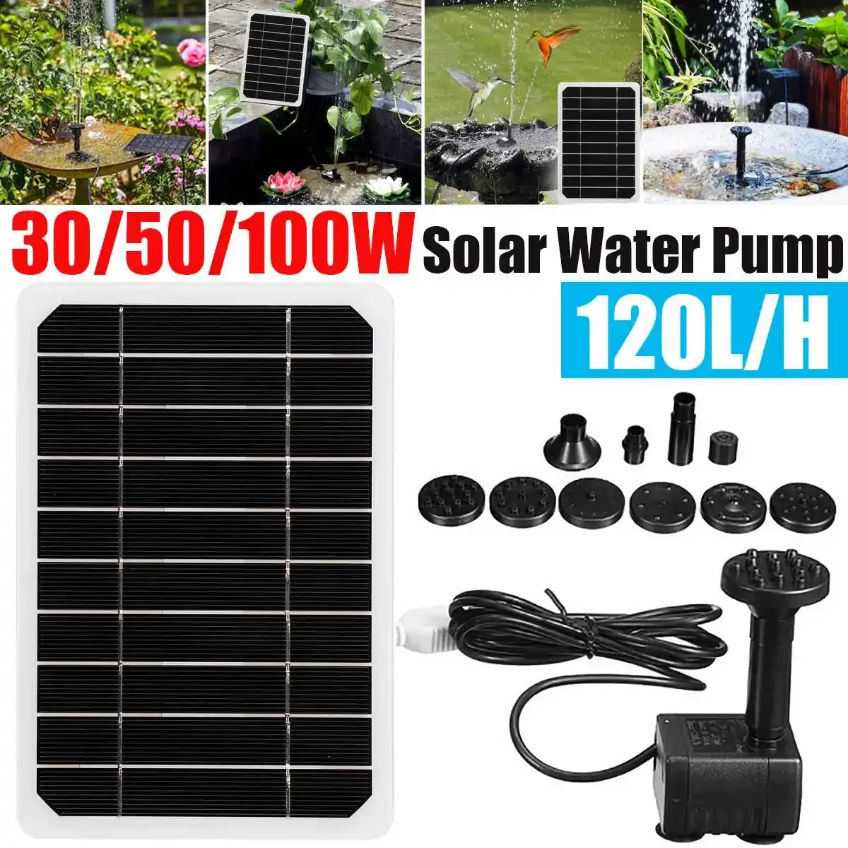 120L/H 30W/50W/100W Solar Power Panel Water Pump Garden Landscape Floating Fountain Artificial Outdoor Fountain Home Decoration
