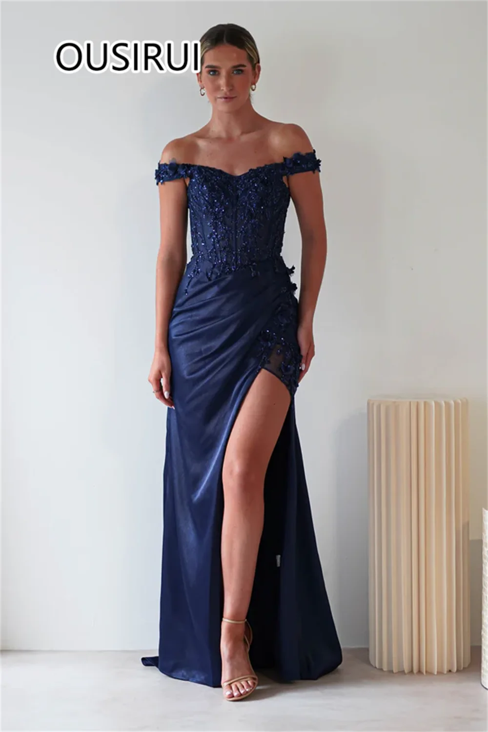 vestidos de fiesta Off-Shoulder Satin Pleated Evening Party Dress with Lace Sexy Mermaid Backless Side Slit Trian Gown