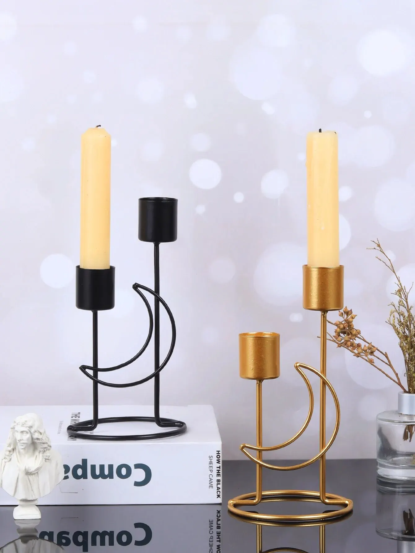 1pc Holder for Pillar Candles Metal Candlestick Moon Shape Stand Desktop Tealight Decoration for Dining Party Wedding