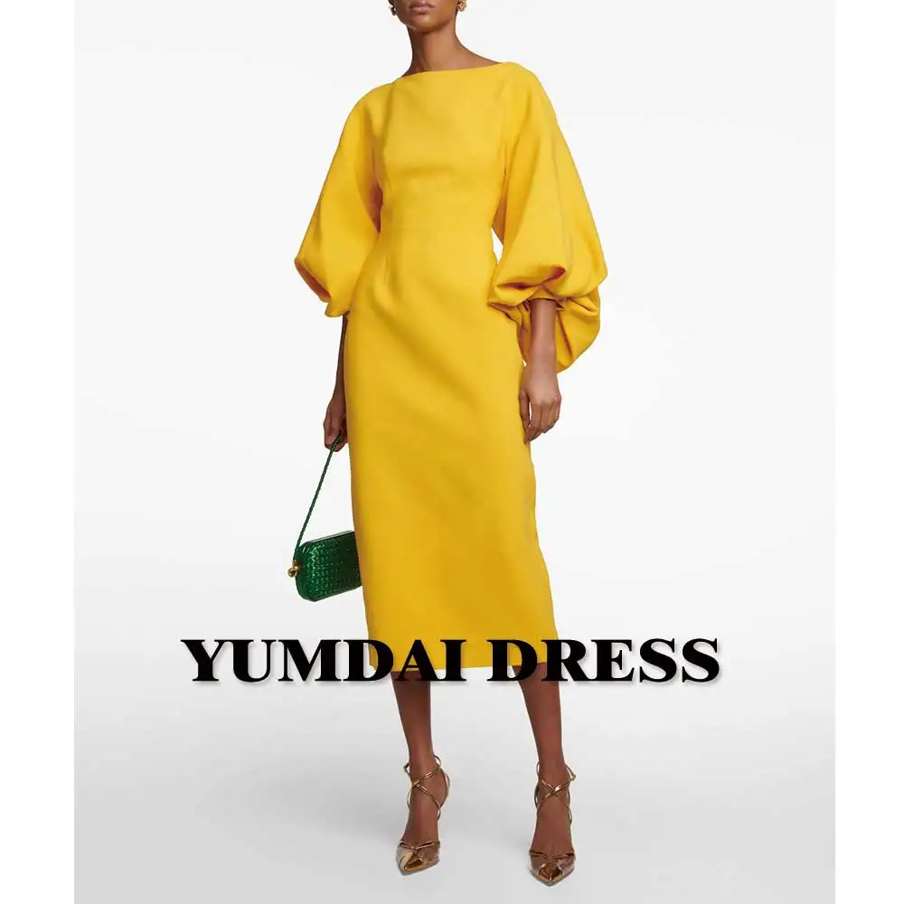 YUMDI Yellow Puffy Sleeve Evening Dress Wedding Party Cocktail Dress 2024 Ladies Formal Cocktail Dress Black Girls Birthday Gown