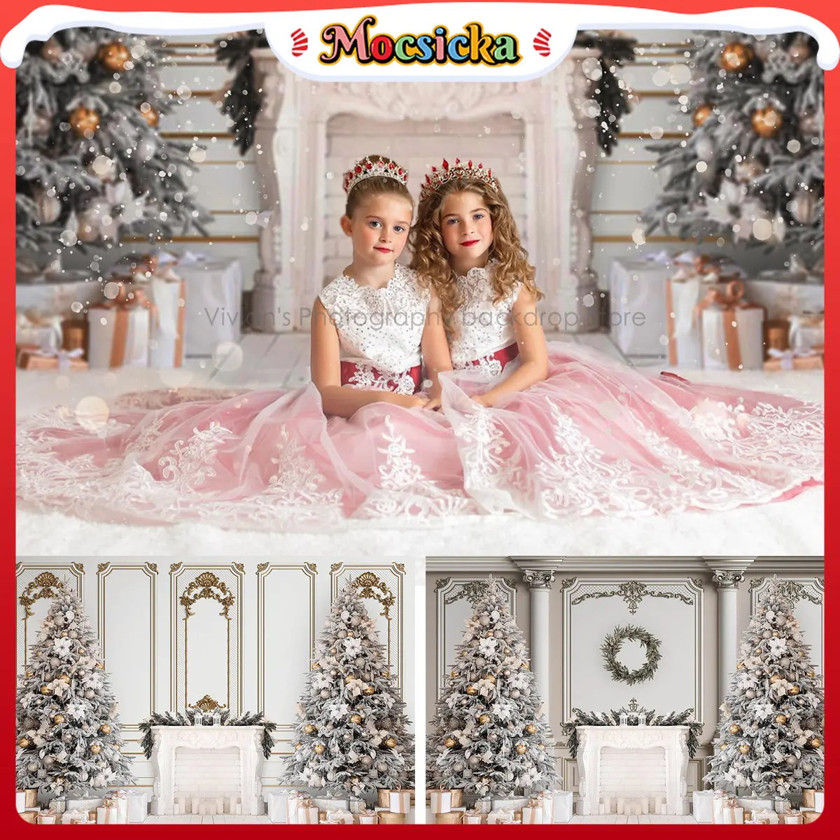 Giáng Sinh Phông Nền Trẻ Sinh Nhật Đạo Cụ Trẻ Em Mùa Đông Phông Nền Chụp Ảnh Santa Lò Sưởi Cây Trang Trí Cho Bé Photostudio