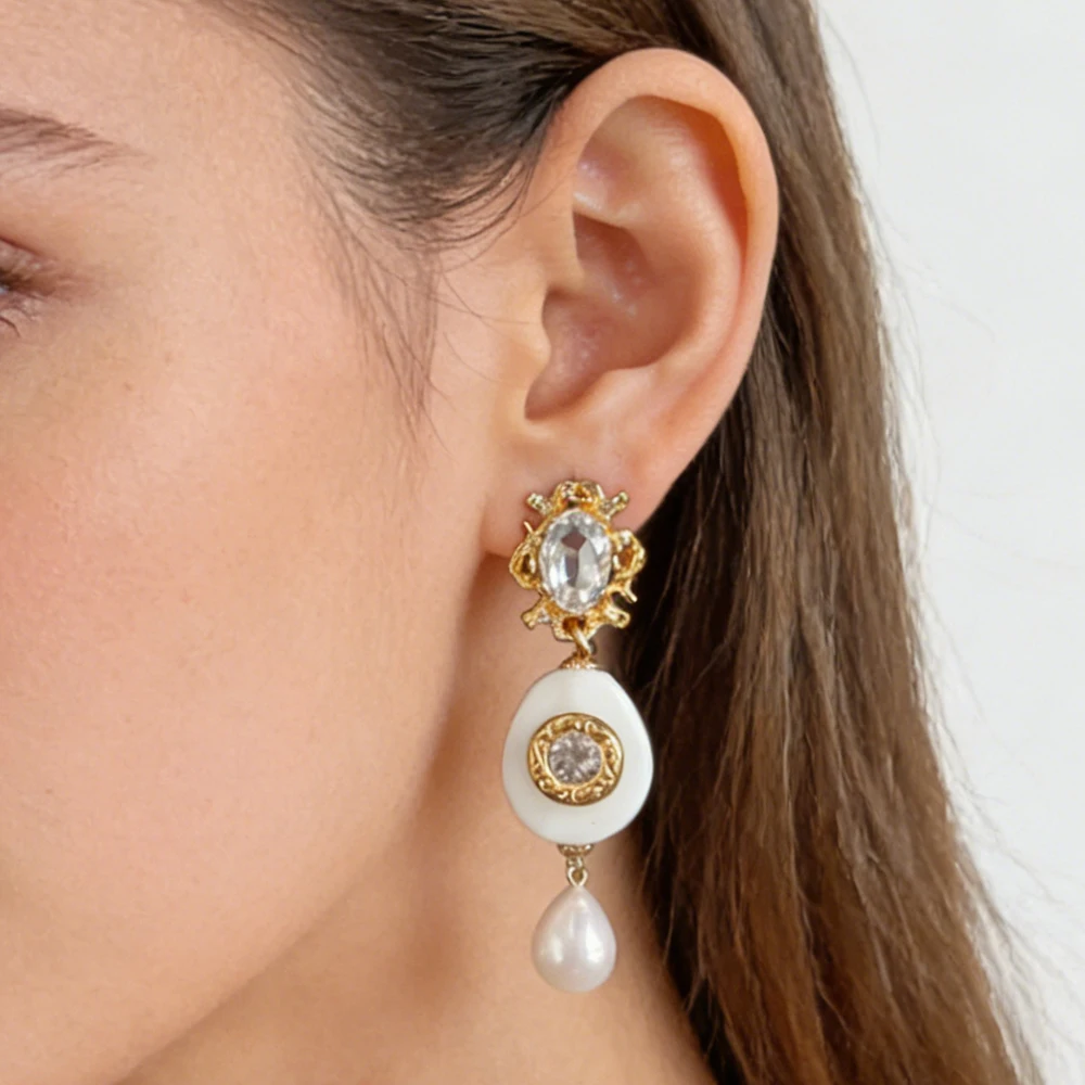 

VKVVA Fashion Jewelry Vintage Rhinestone Snow White Translucent Glass Pearl Long Earrings for Women Birthday Gifts, Unique Gift