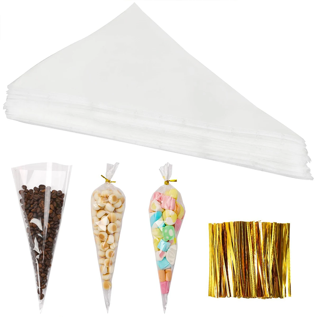 50PCS Transparent Candy Bags Wedding Birthday Party Decoration Gifts Wrap Cellophane Candy Packing Bag Cone Storage Bags