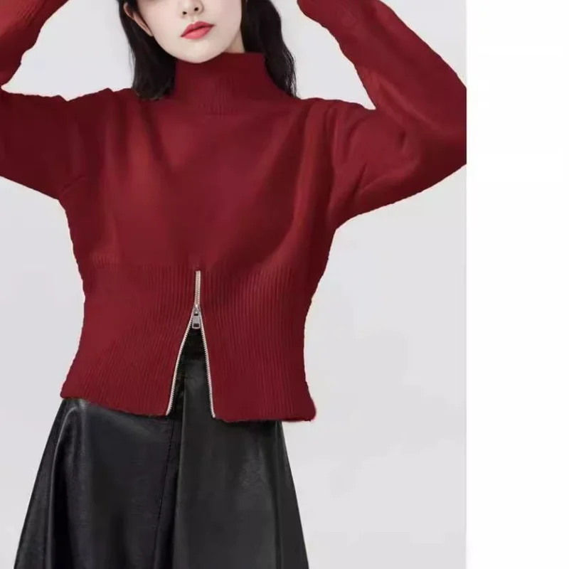

Высококачественный дизайн, новый свитер на осень и зиму, свободный вязаный маленький топ с разрезом на молнии