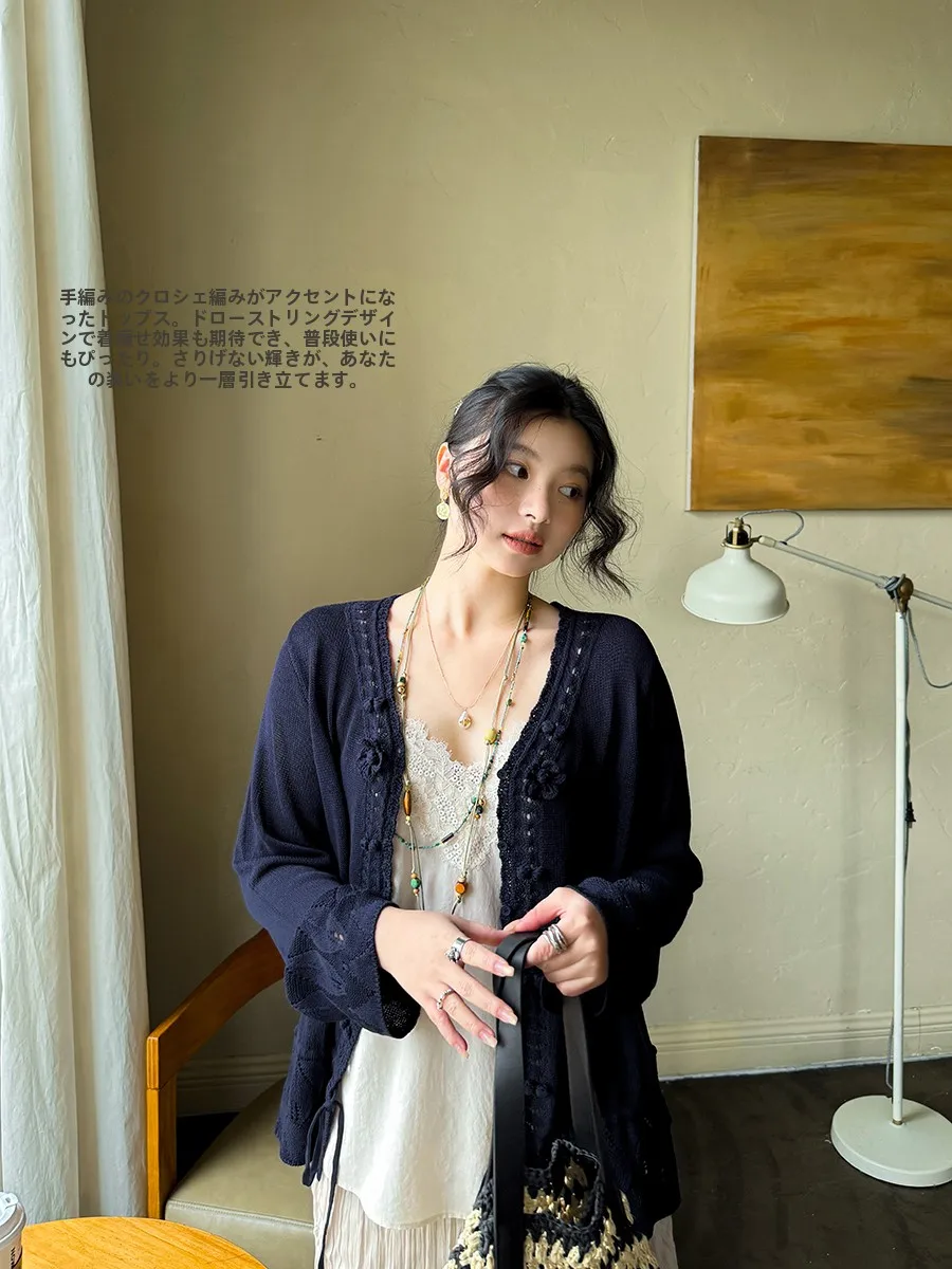 

Handmade Knitted Casual Style Sweater with Drawstring Design Slimming Spring Fashion Vintage Wind Loose Fit Long Sleeve V-Neck