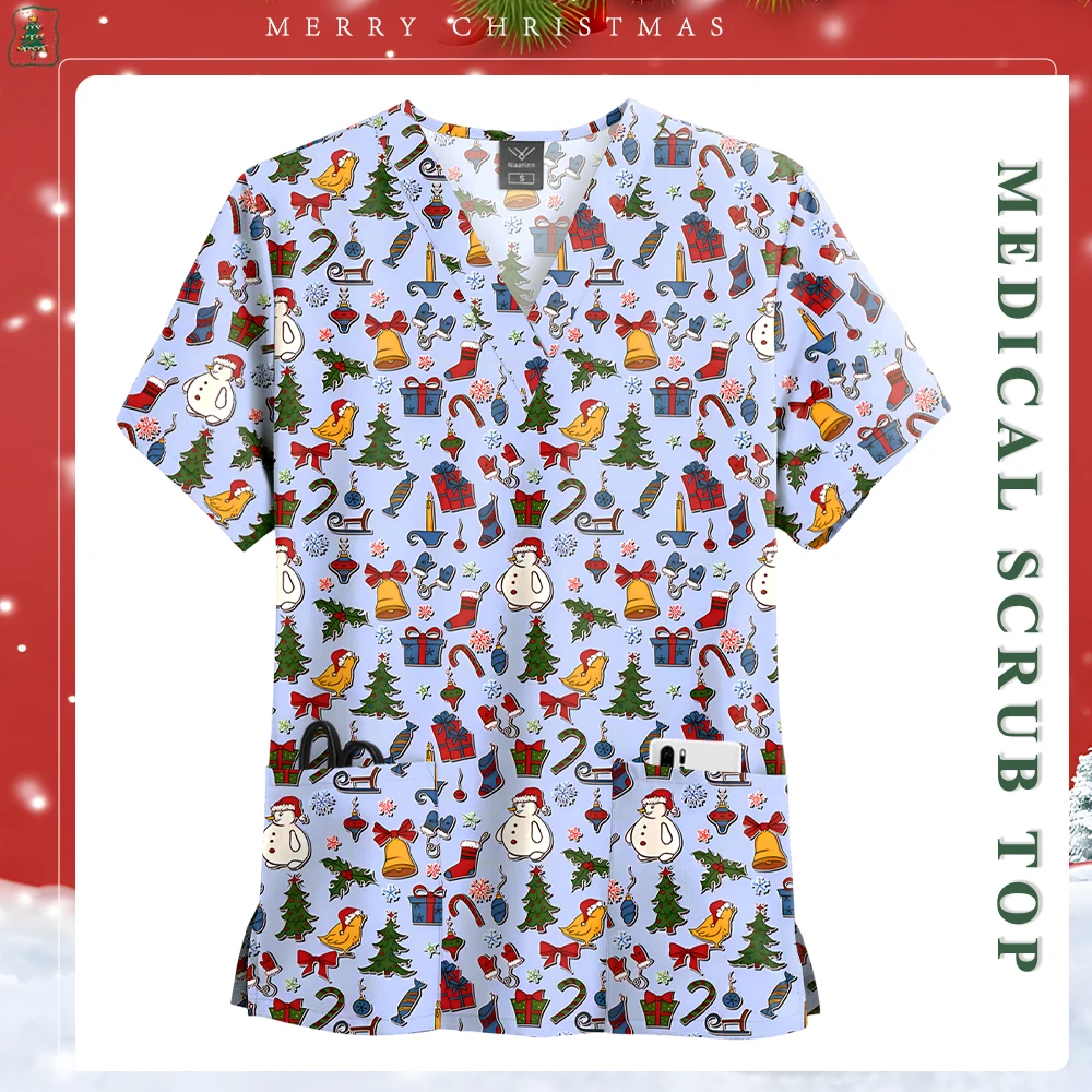 New Scrubs Shirts Medical Nurse Uniform Red Green Christmas Uniforms Men Women's V Neck Short Sleeve Tops Pockets Nursing Blouse
