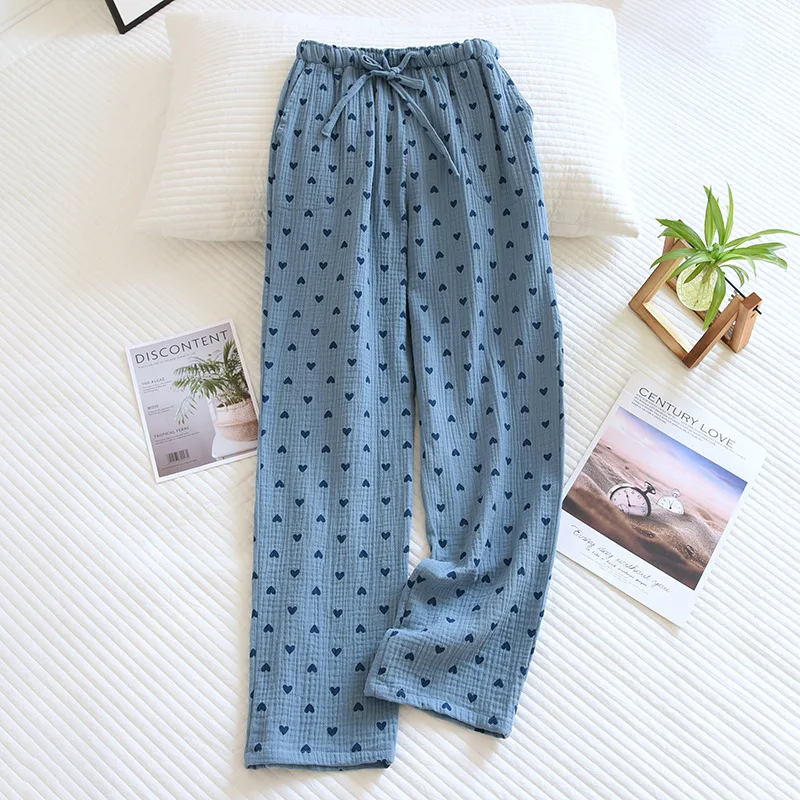 Cotton Pajama Pants Woman Love Print Trousers Double Layer Gauze Home Trousers Casual Simple Ladies Sleeping Pants Loose Lace-Up