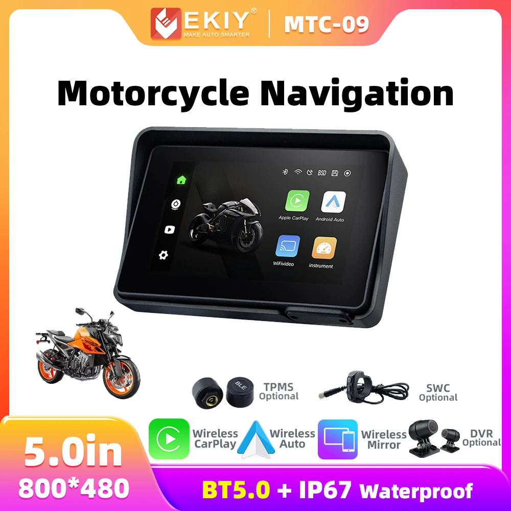 EKIY MTC09 5 inch Navigation Motorcycle Waterproof Carplay Display Screen Portable Motorcycle Wireless Android Auto Monitor