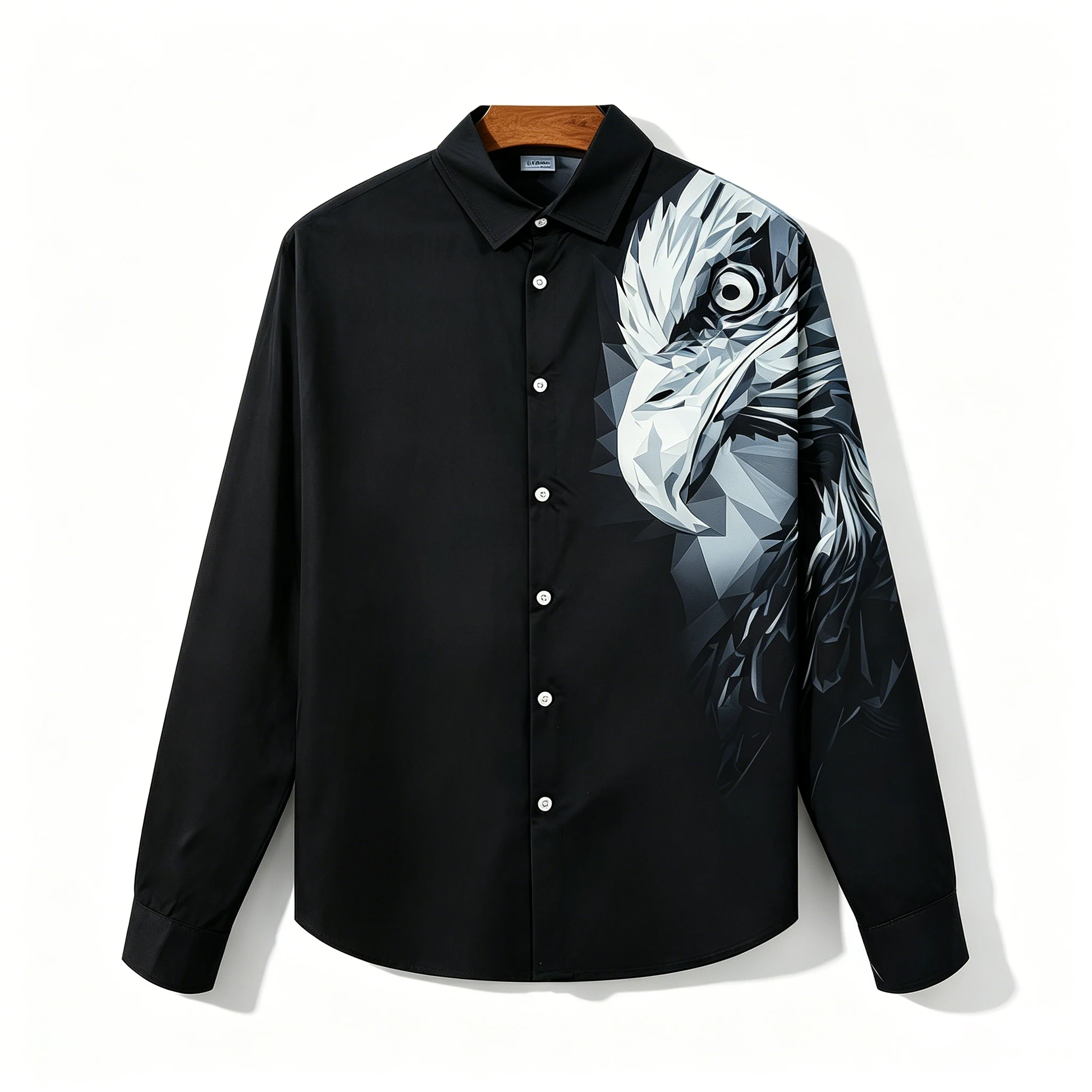 Men's geometric eagle print long-sleeved shirt, draped collar, trendy brand shirt, European and American street style top.