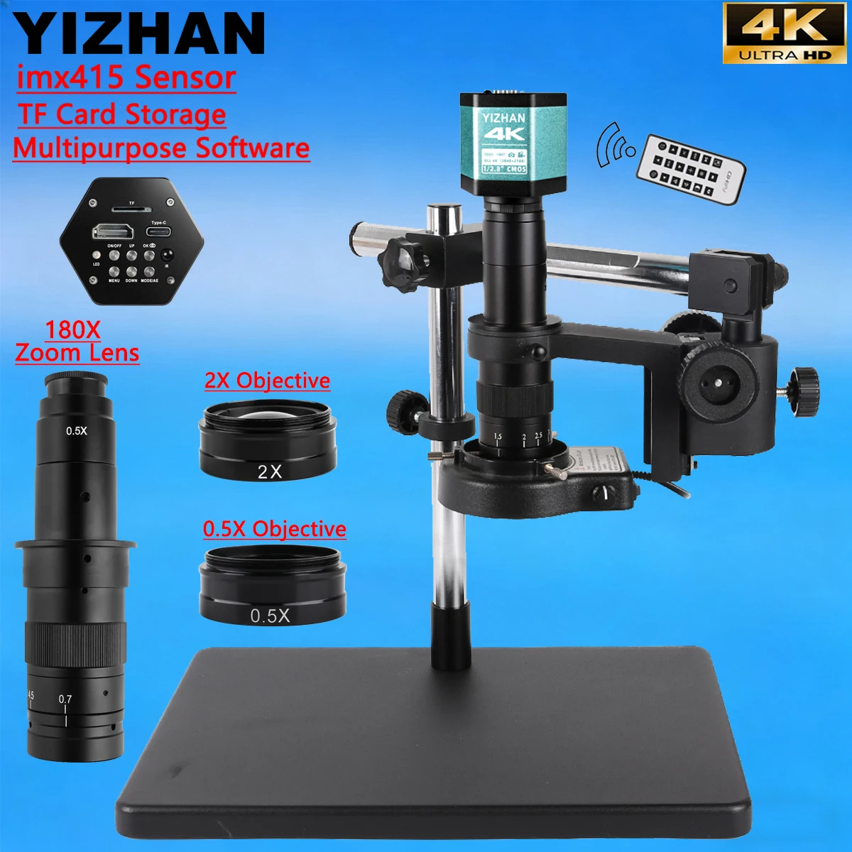 Универсальный набор цифровых микроскопов YIZHAN 4K, сенсорный электронный микроскоп imx415 для пайки, зум-объектив 180X, объектив 0,5X 2X