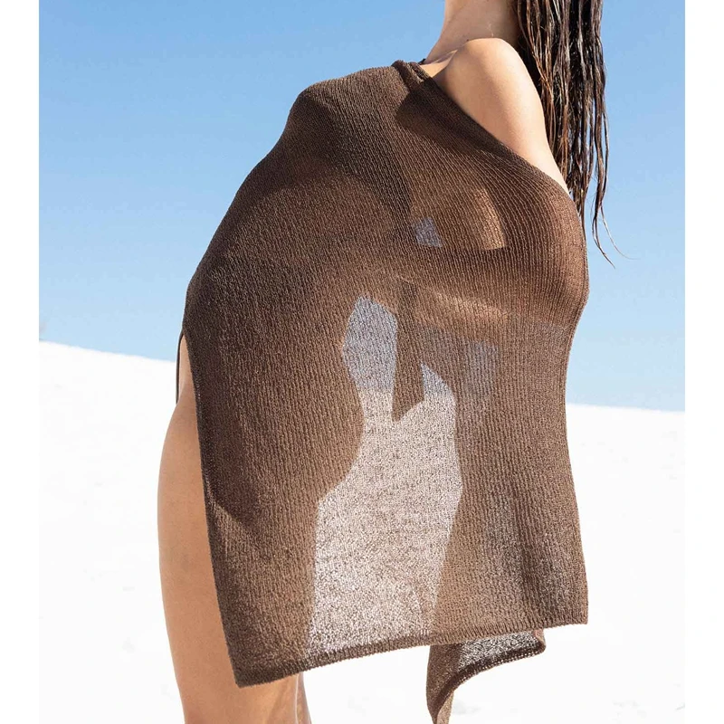Women's Knitwear Bikini Cover-ups See-through Off Shoulder Irregular Triangle Hem Puncho Loose Fit Pullover Summer Beach Tops