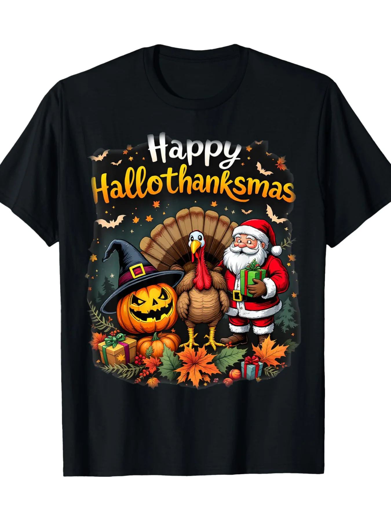 

Happy Hallothanksmas T-Shirt, 180g 100% Cotton Santa & Pumpkin Holiday Tee