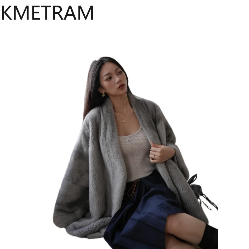 KMETRAM Real Mink Fur Jacket for Women 2026 Cleanfit Style Winter Coat Women V-neck Fur Jacket Women Fur Overcoat Шуба Женская