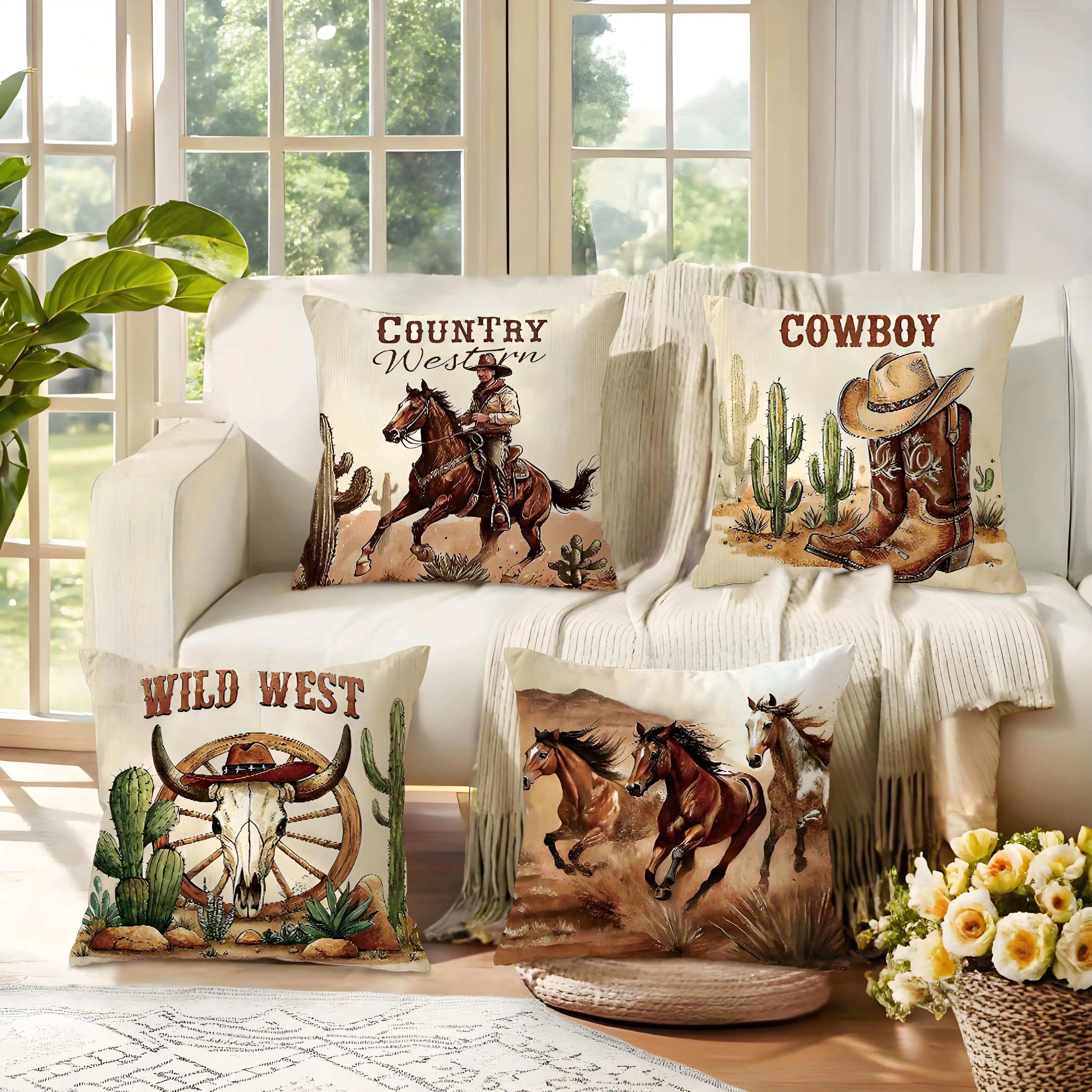 1/4pcs Country Western Cowboy Wild West Themed Pillowcases Sofa cushion cover home bedroom room decoration